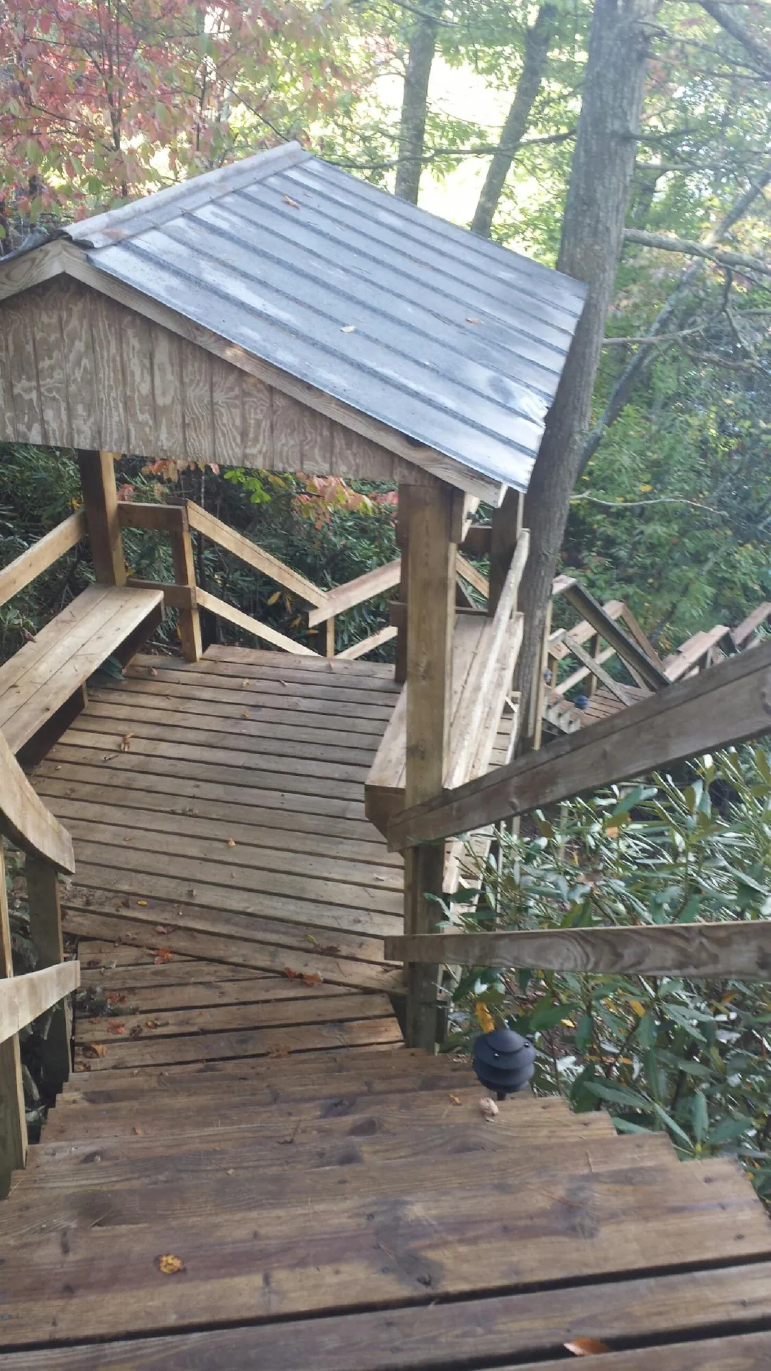 Metal roofed shelter over wooden steps on a wooded walkway — Skylight Repair & Installation work by our crew in Brandon
